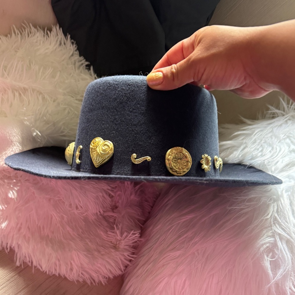Lack Of Color Blue Hat with Gold Accessories - Altered for shorter brim